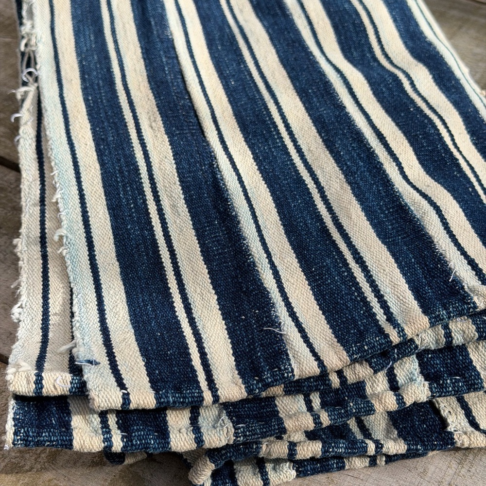 Vintage African Indigo Denim Mudcloth Stripes 59” L x 39” W Textile | No. 109